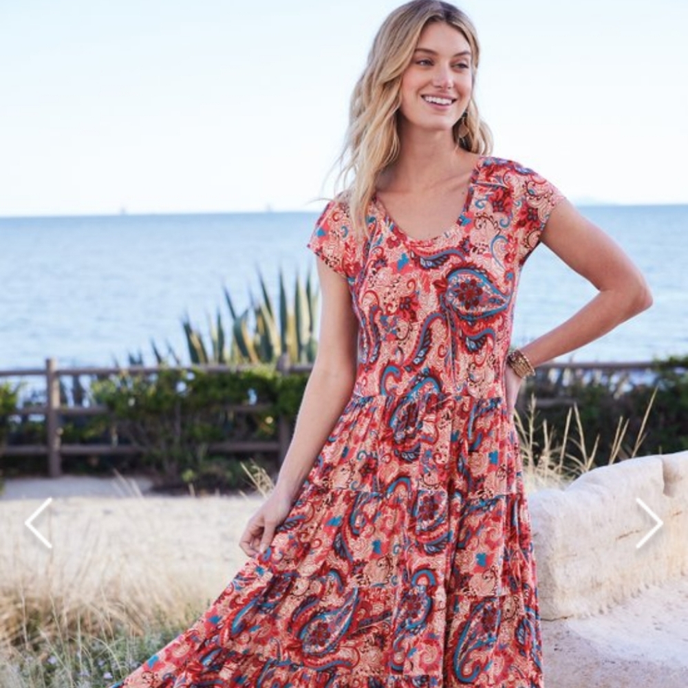 Soft Surroundings Size Small Kara Shift Maxi Dress Red Paisley Print Cap Sleeves